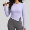 Novo Top Esportivo Juyitang Cor Sólida com Fenda e Gola Redonda para Yoga, Manga Longa, Feminino, Solto, Respirável, para Fitness, Corrida