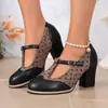 Salto Alto Feminino Estilo Britânico Retrô Patchwork Salto Bloco Salto Alto Tira em T Tira no Tornozelo Comércio Exterior Sapatos Femininos de Salto Alto