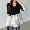 Top de punto patchwork estilo japonés con volantes de satén, manga corta abullonada, cuello redondo, nuevo para verano 2026, transfronterizo