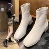 Botas Curtas de Salto Grosso Versátil Outono 2025 Estilo Francês para Mulheres, Botas Slim Brancas, Botas de Tornozelo, Botas Martin