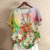 Toma Real de Amazon Aliexpress Verano 2026 Estampado Floral Talla Grande Vintage Algodón Lino Manga Corta Cuello Redondo Camisa para Mujer