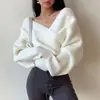 Suéter de Color Sólido para Mujer con Cuello en V Cruzado, Nuevo Estilo Otoño/Invierno 2026, Corte Holgado, Diseño Simple, Tejido de Punto de Manga Larga