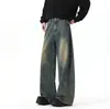 Jeans retro americano de bainha curva para homens, calças casuais lavadas trendy cleanfit para primavera e outono, calças retas de perna larga