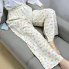 Calça de Pijama de Seda de Algodão para Mulheres, Estilo Fino para Primavera e Verão, Tamanho Grande, Caimento Solto, Calça de Perna Larga de Algodão Artificial, Pode Ser Usada Fora de Casa, Versátil, Cintura Alta, Leve