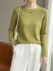Camiseta básica raglan de gola redonda para mulheres, solta e modeladora, top de malha macio e aconchegante de manga longa, versátil para primavera e outono, top básico casual para usar por baixo
