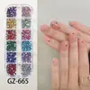 Nuevos accesorios de pedrería para manicura de moda al por mayor, pedrería redonda de fondo plano de color mixto súper brillante de 12 colores en caja, accesorios de manicura al por mayor