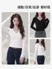 Camiseta Suave Elástica de Color Sólido Estilo Ligeramente Maduro para Mujer, Otoño, Hombro Normal, Cuello en V, con Cordones, Manga Larga, Corte Ajustado, Cintura Ceñida, Resalta la Figura, Camiseta Base