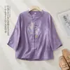 Camisa Bordada para Mujer Verano Nuevas Llegadas Ropa de Verano Algodón Lino Jacquard Estilo Chino Retro Botones de Rana Cuello Alto Manga Tres Cuartos Top