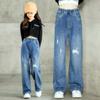 Jeans para meninas primavera e outono estilo ocidental grande infantil outono casual solto infantil roupa larga calças retas all-match
