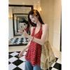 Vestido Rojo Floral sin Espalda con Cuello Halter en V para Mujer Verano Diseño de Falda de Gasa Ajustada Cintura Falda A