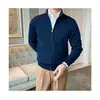 Cardigan de punto para hombre de otoño e invierno, grueso, cuello alto, color liso, chaqueta suéter de punto, prendas de punto para hombre en color azul marino