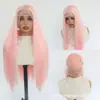 Peluca de encaje de área grande estilo europeo y americano, se puede peinar libremente, cabello rosa largo y liso, pieza para la cabeza de fibra sintética de alta temperatura