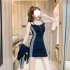 Conjunto de vestido de tirantes para mujer de primavera y verano, estilo coreano, moderno, entallado en la cintura, sexy, que realza la cadera, moderno vestido de dos piezas con chaqueta