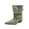 Botas de caña ancha con tacón de bloque, nuevo estilo 2026 de tacón medio, moda europea y americana, botas de caña media con hebilla única, punta fina de moda