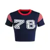 2025 Nuevo Verano Estilo Callejero Americano Impresión Digital Camiseta de Manga Corta en Contraste Tops Casuales Retro para Mujer