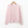 Suéter de lana forrado de polar liso para otoño e invierno, suéter de cachemira para mujer, cárdigan de cuello redondo, prenda exterior casual de punto sin costuras
