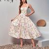 Vestido de Verano Nuevo Estampado Elástico en Cuatro Direcciones con Cuello Halter Espalda Descubierta con Tirantes Falda de Línea A de Longitud Media Sexy Europeo y Americano