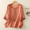 Nuevo Top Bordado de Algodón y Lino Estilo Chino con Cuello en V y Mangas Cortas, Nuevo Estilo Primavera y Verano, Estilo Casual Holgado, Camiseta de Manga Media para Mujer