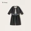 Ropa Infantil Bangxuan Niños Estilo Coreano Ropa de Otoño Niñas Encaje Capa Base Color Sólido Cárdigan Pantalones de Pierna Ancha Conjunto de Tres Piezas Traje para Niñas