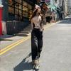 Americano Retro Outono e Inverno Novo Preto Cinza Calças Retas Calças Flip-up Calças Jeans de Perna Larga Mulheres