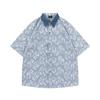 Japonês retrô xadrez bordado gola jeans costura camisa de manga curta masculina e feminina jovem camisa de casal namorado solto