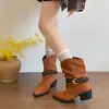 Botas de moda de tacón grueso en color liso, tejidas, apilables, botas de cuero vintage de punta a media pantorrilla para mujer, estilo de nicho con hebilla de cinturón, botas de montar