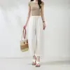 Calça pantalona cropped feminina petite de linho Tencel para o início do outono, estilo simples e casual, estilo old money, calça casual elegante e solta