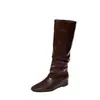 Botas de Caballero Apiladas con Tacón Oculto Plisadas Estilo Coreano Sensación Holgada Punta Cuadrada Piel Genuina Tacón Medio Caña Alta Largas para Mujer Otoño/Invierno 2026