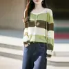 Cárdigan de punto a rayas con bloques de color suaves de estilo coreano para mujer, chaqueta suéter abotonada de cuello redondo, top versátil juvenil y adelgazante