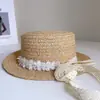 Chapéu de Renda Solúvel em Água Estilo Fada com Topo Plano para Mulheres, Chapéu de Palha de Ráfia para Proteção Solar de Verão para Férias e Passeios