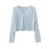 Cardigã de Ar Condicionado para Mulheres, Camisa de Tricô de Seda Gelada de Verão com Proteção Solar, Top de Renda Fino Solto Curto com Decote V e Manga Longa