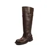 Elegantes Botas de Caballero de Cuero Genuino con Doble Hebilla 2026 Otoño/Invierno Tacón Grueso Medio Punta Redonda Botas Altas de Cuero Genuino para Ponerse sin Cremallera para Mujer