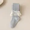 Medias para niñas para primavera y otoño con borde de encaje y lazo, leggings para bebé estilo coreano, leggings acanalados para exteriores infantiles