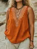 Moda Estrangeira Europeia e Americana Tamanho Grande Top de Praia sem Mangas com Bordado de Totem Vintage, Decote em V Profundo, Algodão e Linho Respiráveis, Caimento Solto para Mulheres Plus-Size