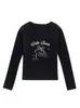 Camiseta Manga Longa Ombro Direito Estilo Coreano para Mulheres no Outono Nova Versátil Doce Sexy Estampa de Gato Efeito Emagrecedor Cintura Top Base