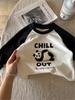 Camiseta Infantil em Estoque, Estilo Primavera e Outono, Bordado de Desenho Animado para Meninos, Camiseta 100% Algodão, Camiseta Básica Raglan Color Block Estilosa para Meninas