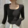 Camiseta térmica básica versátil de color liso con manga larga para mujer, nueva para otoño e invierno, corte ajustado, adelgazante, cálida, top base