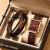JUSMI Fábrica de Origen Reloj para Mujer Correa de Cuero Rectangular Retro Artístico Set de Joyería Comercio Exterior Venta al por Mayor