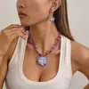 Brincos de Tarraxa Florais Versáteis Elegantes Coloridos Combinação Floral Brincos Colar Doce Luxuoso Trançado com Corda de Cera