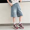 Shorts Jeans para Meninas Verão Finos 2025 Novos para Crianças Meninas Médias e Grandes Shorts Azuis Escuros de Comprimento Médio Shorts de Cinco Pontos Shorts de Sete Pontos