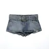 343663-26 Verano Estilo Coreano Cintura Alta Pierna Alargadora Pantalones Cortos de Mezclilla con Cinturón Rasgados Hot Pants