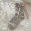 Meias Rosa Doces Vazadas Estilo Menina~ Rosa e Cinza Color-Blocking Laço Estilo Coreano, Algodão Penteado Fino para Mulheres, Primavera e Verão
