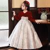 Traje de Performance de Piano para Meninas, Nova Coleção de Verão, Vestido Infantil de Veludo Vermelho de Manga Longa Série Princesa da Passarela