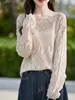 Blusa de Verão Transfronteiriça de Linho Ombro a Ombro com Renda e Padrão de Diamante, Solta, de Manga Longa para Mulheres, Camisa Elegante e Fresca com Proteção Solar