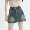 Saia Curta Jeans Skinny Estilo Ins para Garotas Quentes com Design Elástico Anti-Exposição, Saia Evasê Que Realça a Silhueta, Estilo College