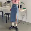 Saia Midi Jeans de Cintura Alta com Fenda em Linha A Feminina Verão 2024 Nova Europeia e Americana Spice Girls Emagrecedora Tendência