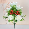 Ramo de Flores Artificiales Rosas con Lirios, Fruta de la Prosperidad, Fruta de la Fortuna, Flores Falsas Decorativas, Decoración de Temporada, Flores de Plástico y Seda