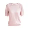 Camiseta feminina de verão em malha de lyocell tencel, estilo retrô suave, gola redonda, com detalhes vazados, mangas curtas, caimento solto, na cor rosa