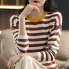 Suéter de Algodão Integral para Primavera e Outono Feminino, Tricô Listrado Estilo Coreano, Caimento Solto, Camisa Base Fina, Top Versátil, Atacado
