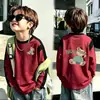 Camiseta infantil de algodão puro com gola redonda e mangas compridas, novo estilo primavera/outono, corte solto, design color block, adequada para usar em camadas, top para meninos